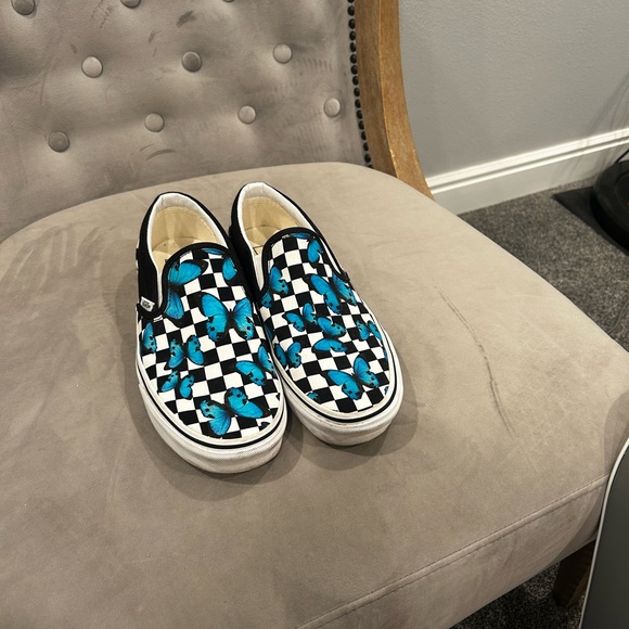 Vans Shoes - Vans Blue Butterflies Black and White Checkered Slip-On Sneakers
